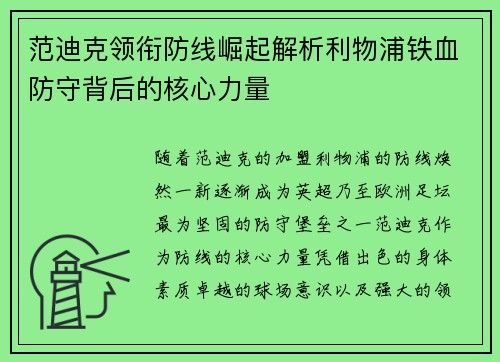 范迪克领衔防线崛起解析利物浦铁血防守背后的核心力量